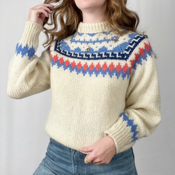 Vintage Fair Isle 100% Wool Hand Knit Oversized Chunky Crew Neck Nordic Sweater - Picture 3 of 8